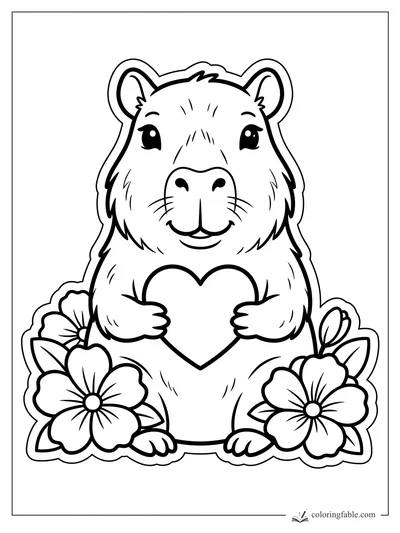 Sticker-style capybara holding a heart, framed by big flowers and leaves