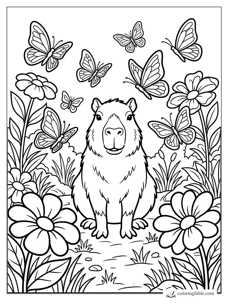 Easy capybara coloring page with butterflies, big daisies, tall leaves, and a smiling face.