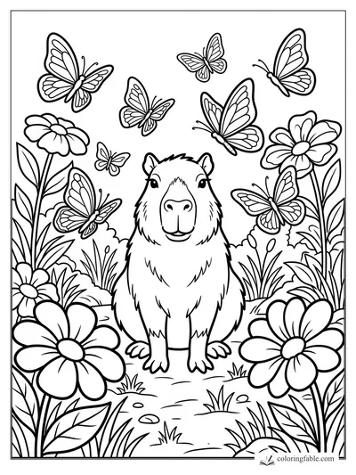 Easy capybara coloring page with butterflies, big daisies, tall leaves, and a smiling face.