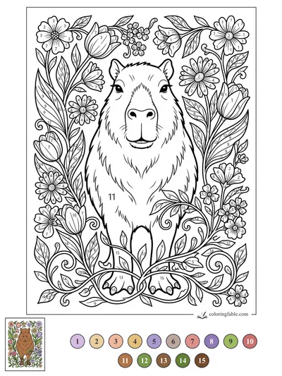 Smiling Capybara in a Floral Vine Frame — color by number