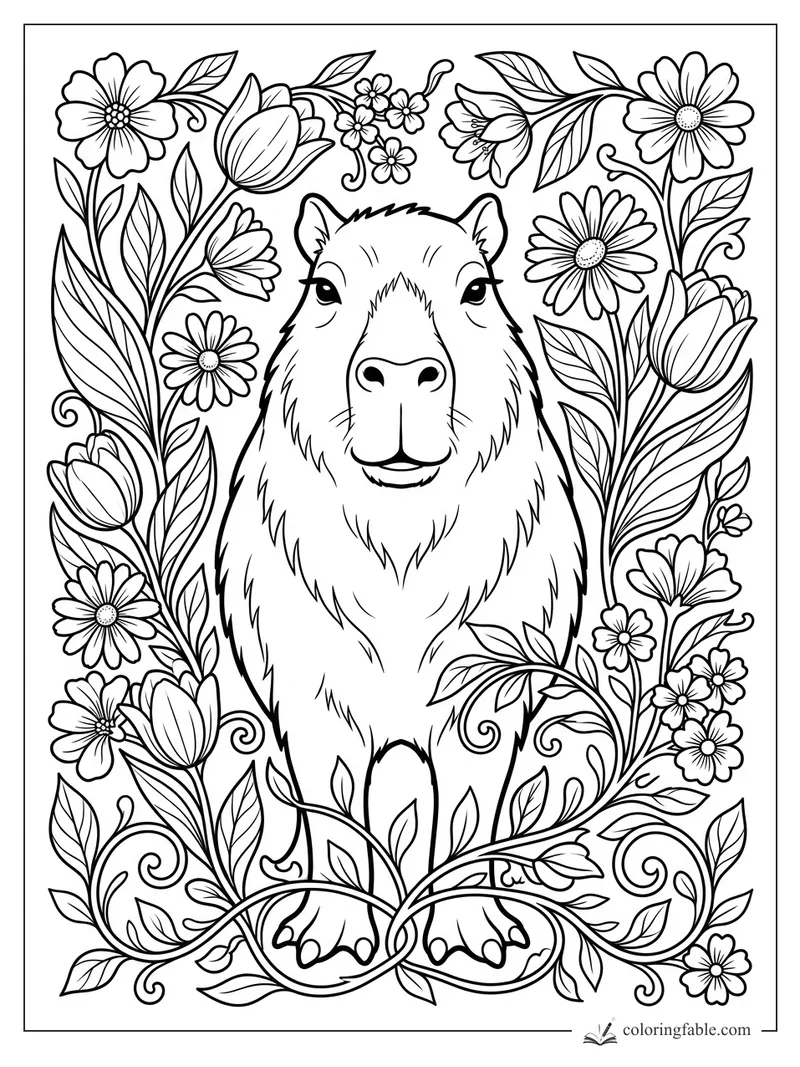 Smiling capybara surrounded by tulips, daisies, curling vines, and leafy stems in a floral coloring page