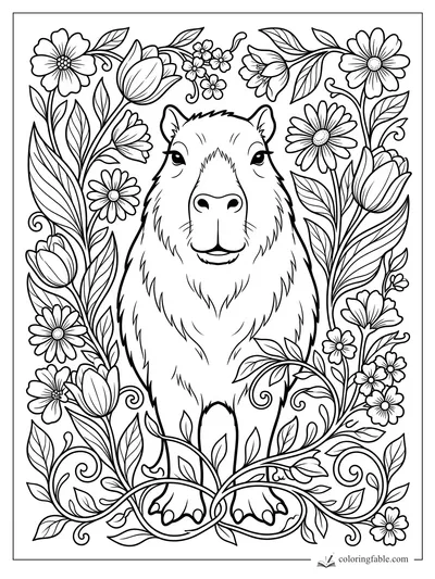 Smiling capybara surrounded by tulips, daisies, curling vines, and leafy stems in a floral coloring page