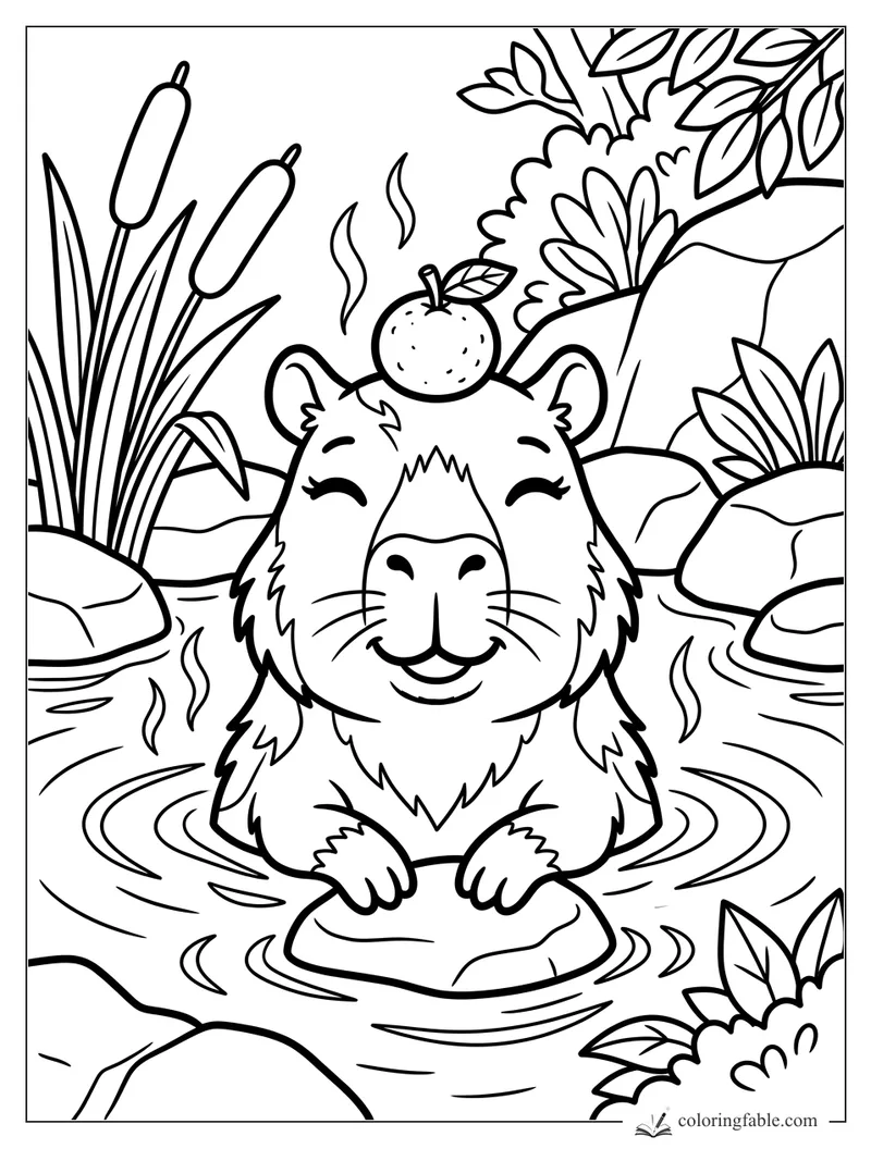 Cartoon capybara smiling in a hot spring with an orange on its head, cattails, rocks, leaves, and steam
