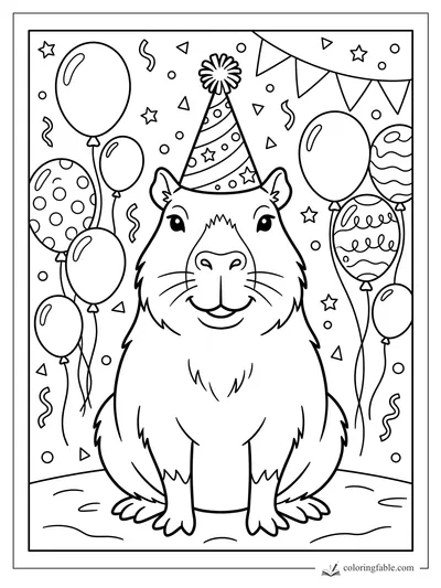 Cartoon capybara wearing a party hat, surrounded by balloons, stars, confetti, and bunting.