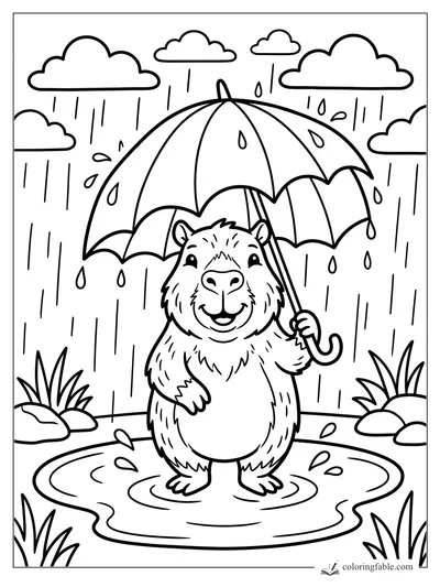 Smiling capybara holding a large umbrella in a rainy puddle with clouds, raindrops, grass, and rocks.