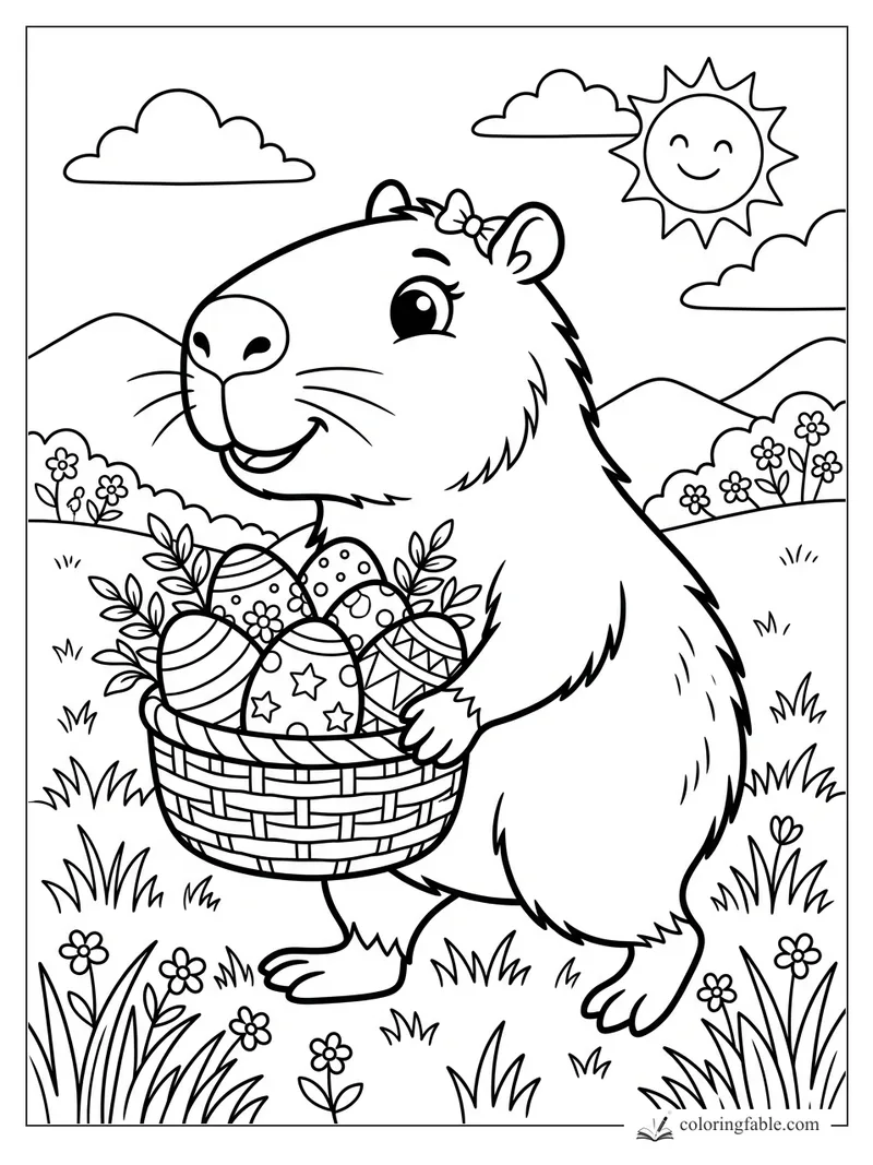 Cartoon capybara carrying a woven basket of decorated Easter eggs through a sunny flower meadow.