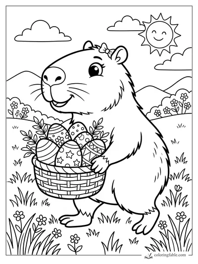 Cartoon capybara carrying a woven basket of decorated Easter eggs through a sunny flower meadow.