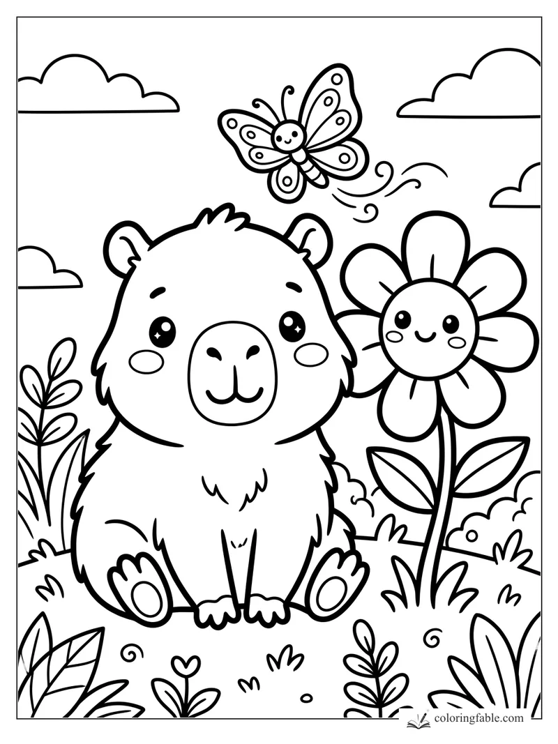 Kawaii capybara sitting by a smiling flower while a butterfly swirls overhead.