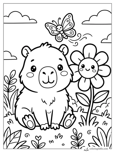 Kawaii capybara sitting by a smiling flower while a butterfly swirls overhead.