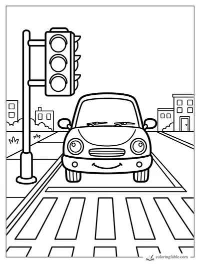 Smiling small car stopped at a crosswalk beside a three-light traffic signal in town.