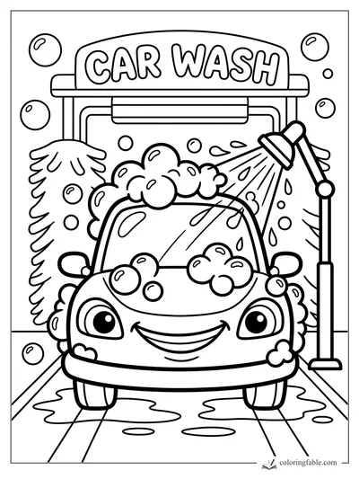 Smiling car under a car wash sign with soap bubbles, brushes, spray nozzle, and puddles.