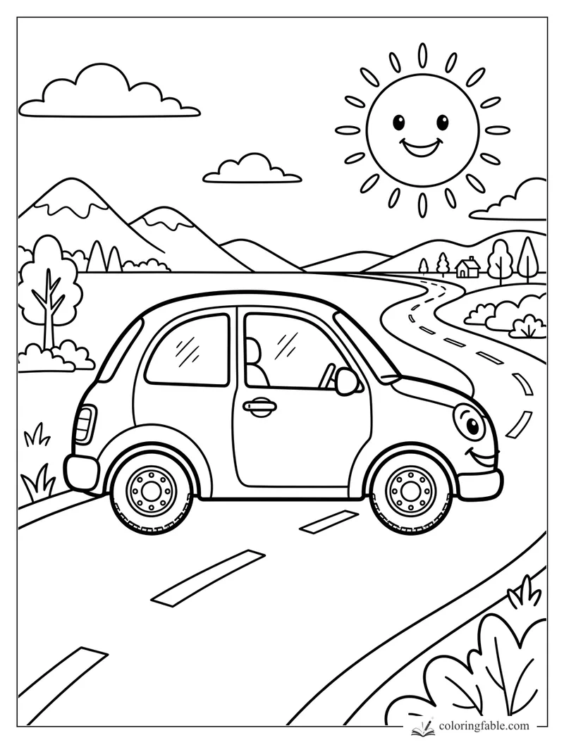 Smiling cartoon car driving past mountains, trees, clouds, and a happy sun on a winding road.