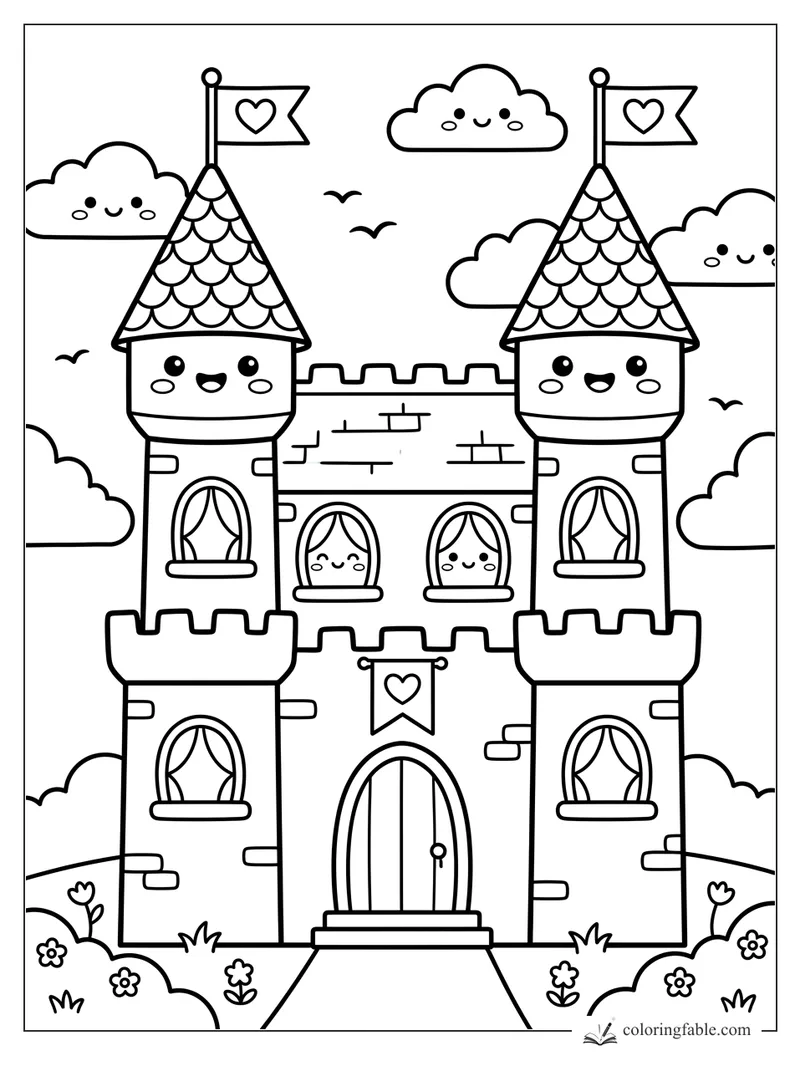Kawaii castle coloring page with smiling towers, heart flags, clouds, birds, flowers, and arched windows.