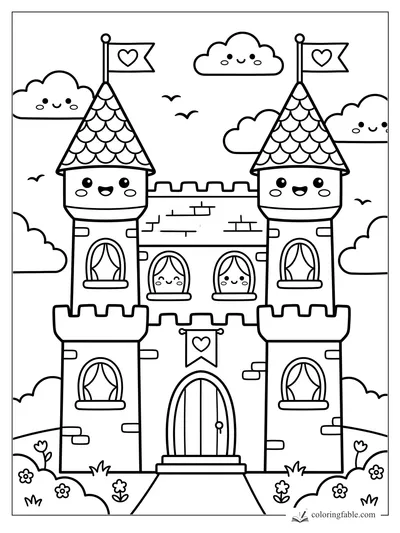 Kawaii castle coloring page with smiling towers, heart flags, clouds, birds, flowers, and arched windows.
