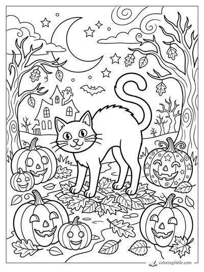 Cartoon cat on autumn leaves among jack-o'-lanterns, spooky trees, a crescent moon, stars, and a haunted house