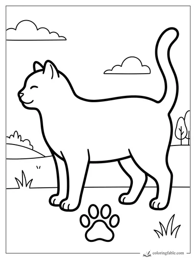 Bold easy coloring page of a smiling cat walking outside with clouds, grass, trees, and a paw print.