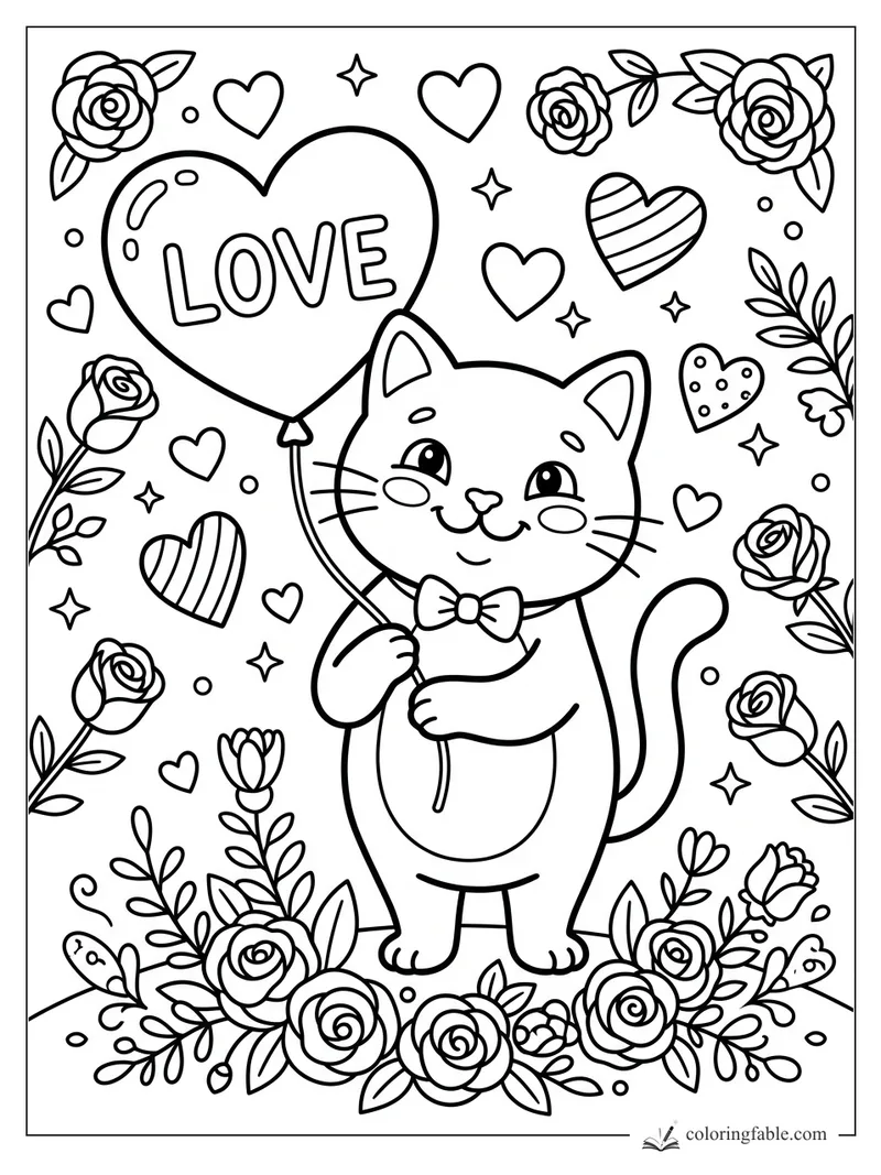 Smiling cat holding a heart balloon that says LOVE, surrounded by roses, hearts, stars, and leafy flowers.