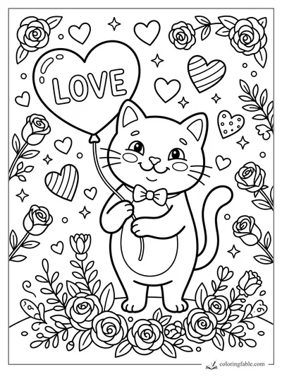 Smiling cat holding a heart balloon that says LOVE, surrounded by roses, hearts, stars, and leafy flowers.