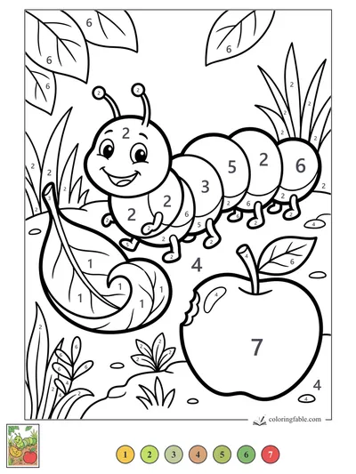 Smiling Caterpillar Beside a Bitten Apple — color by number