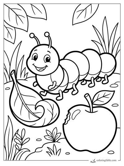 Cartoon caterpillar smiling beside a bitten apple, curled leaf, grasses, and hanging leaves.