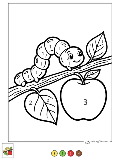 Smiling Caterpillar on an Apple Branch — color by number