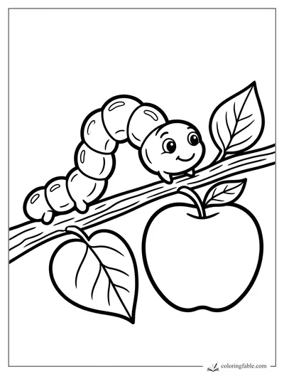 Cute caterpillar smiling on an apple tree branch with leaves and a large apple