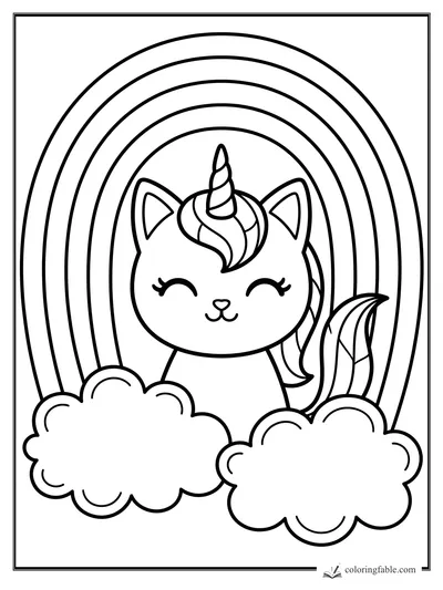 Kawaii caticorn with closed eyes, striped horn, fluffy clouds, and a tall rainbow