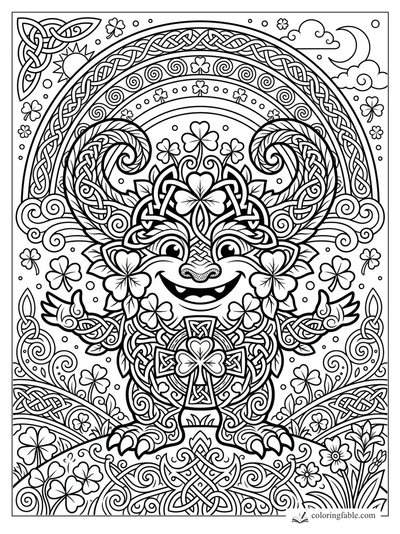 Cute Celtic monster with antler curls, shamrocks, braided knots, rainbow arches, moon and sun
