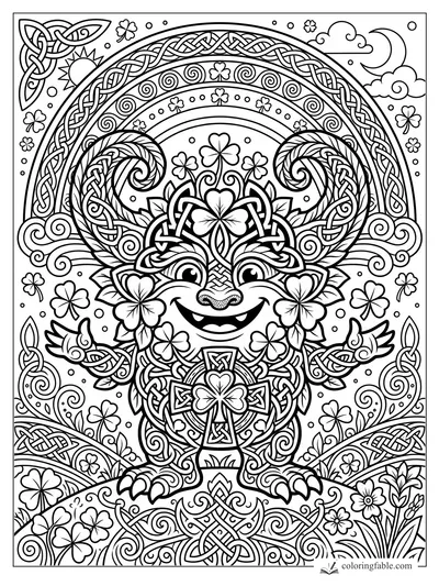Cute Celtic monster with antler curls, shamrocks, braided knots, rainbow arches, moon and sun