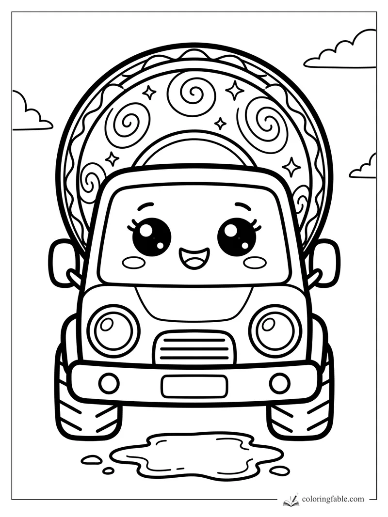 Kawaii cement mixer truck with a swirly patterned drum, happy face, clouds, and a puddle.