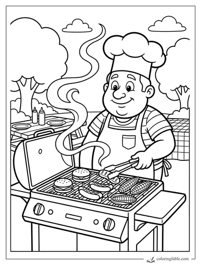 Cartoon chef grilling burgers, hot dogs, and corn with curling smoke at a picnic table