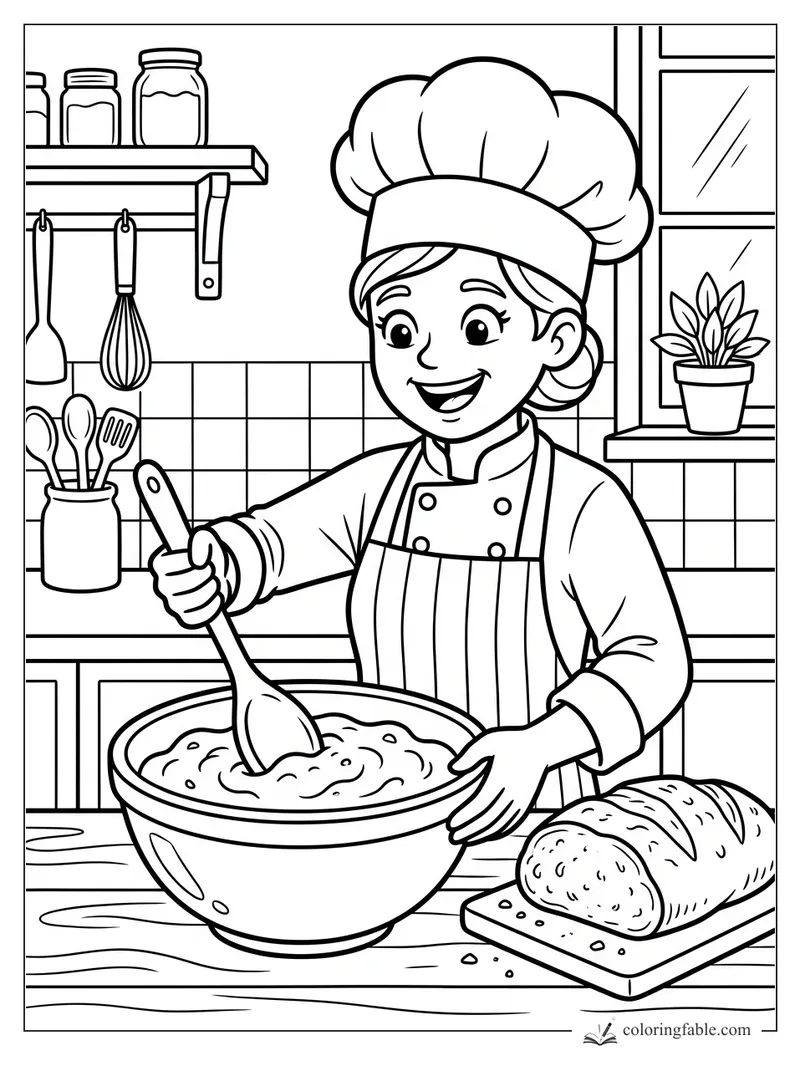 Cartoon chef stirring batter beside sliced bread, utensils, jars, tiled wall, and window plant.