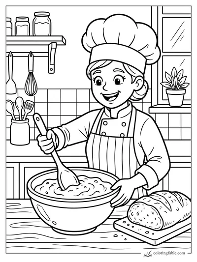 Cartoon chef stirring batter beside sliced bread, utensils, jars, tiled wall, and window plant.