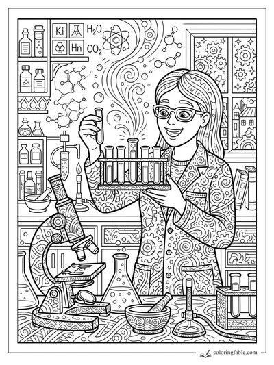 Intricate zentangle chemist holding test tubes in a busy lab with microscope, formulas, shelves, and gears