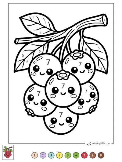 Smiling Cherry Bunch on a Leafy Stem — color by number