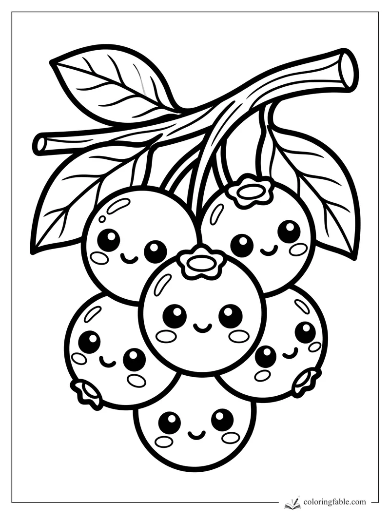 Kawaii cherry bunch with six smiling cherries, long stems, leaves, shiny highlights, and tiny blossom tops.