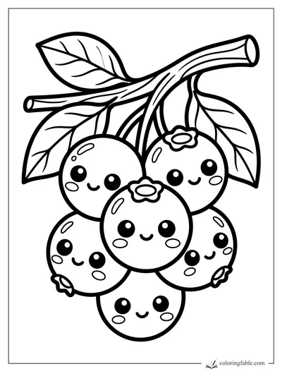 Kawaii cherry bunch with six smiling cherries, long stems, leaves, shiny highlights, and tiny blossom tops.