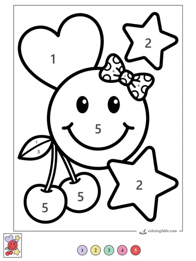 Smiling Cherry with Polka-Dot Bow and Stars — color by number