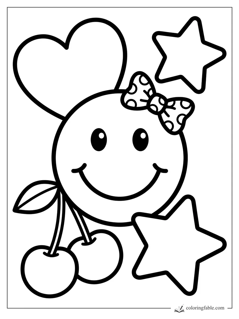 Smiling cherry with polka-dot bow, heart, and two stars in bold easy coloring page style