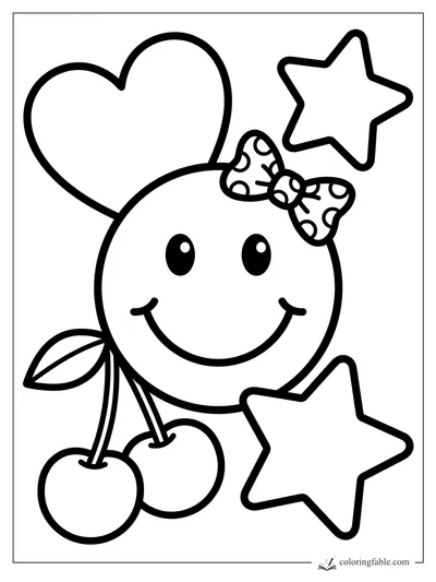 Smiling cherry with polka-dot bow, heart, and two stars in bold easy coloring page style