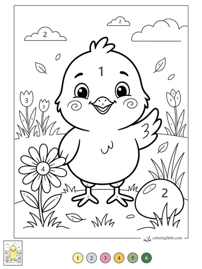 Smiling Chick in a Breezy Flower Meadow — color by number