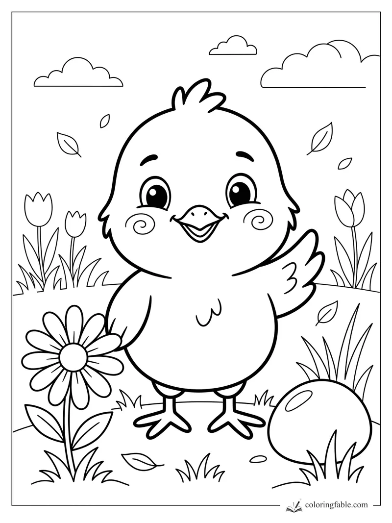 Cute cartoon chick smiling among tulips, daisy, drifting leaves, clouds, and a round garden stone.