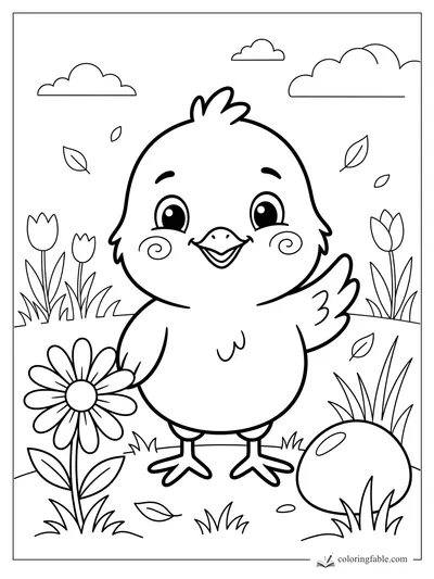 Cute cartoon chick smiling among tulips, daisy, drifting leaves, clouds, and a round garden stone.