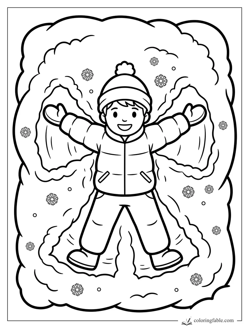 Smiling child in winter clothes making a snow angel with falling snowflakes