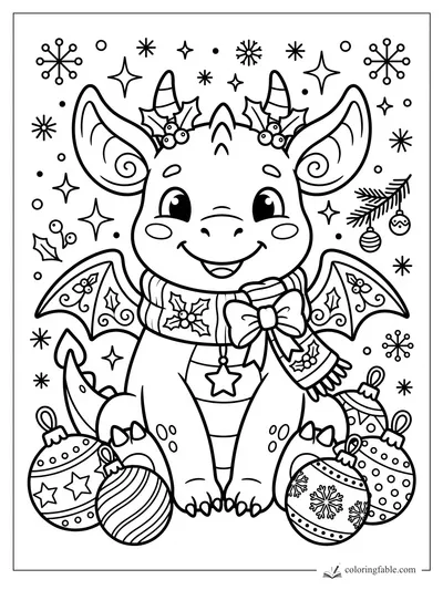 Kawaii Christmas dragon with scarf, holly horns, wings, snowflakes, stars, and ornaments
