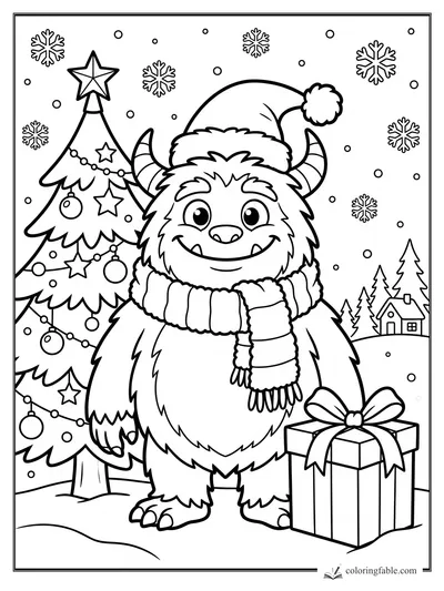 Cute furry monster in Santa hat and scarf beside a decorated Christmas tree, gift box, snowflakes, and cabin.