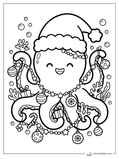 Kawaii octopus in a Santa hat holding ornaments, gifts, stars, coral, and bubbles under the sea.