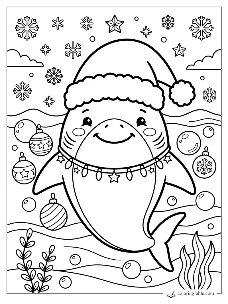 Kawaii shark in a Santa hat with holiday lights, ornaments, snowflakes, waves, bubbles, and seaweed.