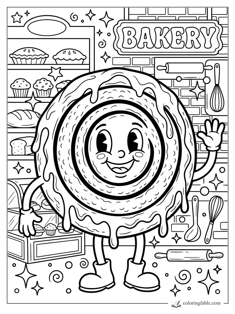 Smiling cinnamon roll character waving inside a retro bakery with pastries, rolling pins, whisks, and starbursts