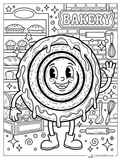 Smiling cinnamon roll character waving inside a retro bakery with pastries, rolling pins, whisks, and starbursts